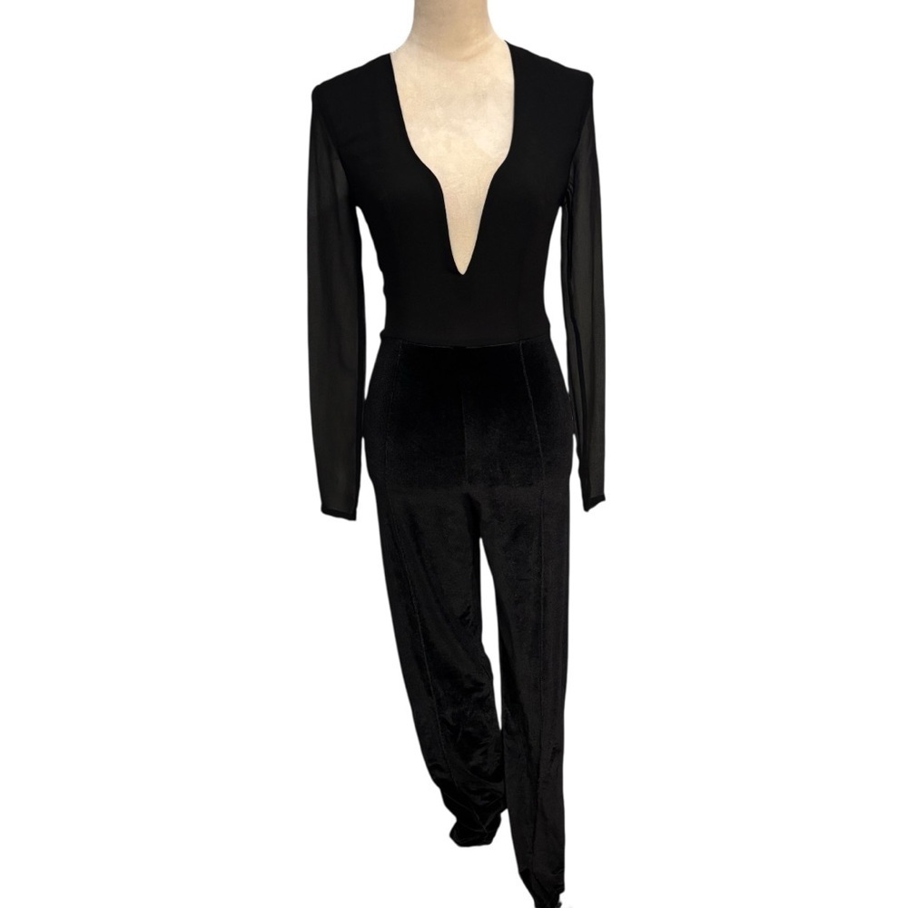 Mistress Rocks Deep V Sheer Velvet Jumpsuit Small Evening Cocktail Party Holiday